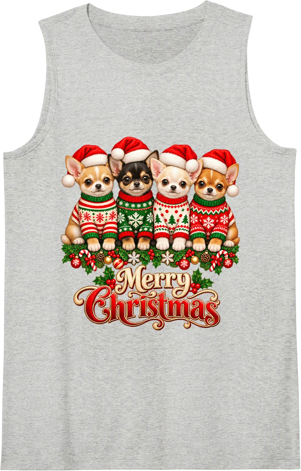 Merry Christmas Chihuahua Santa Hat Holiday Animal Lover Sleeveless Tank Top - Heather Grey