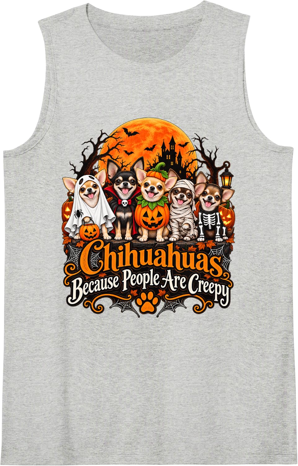 Chihuahua Because People are Creepy Funny Halloween Dog Cost Sleeveless Tank Top - Heather Grey