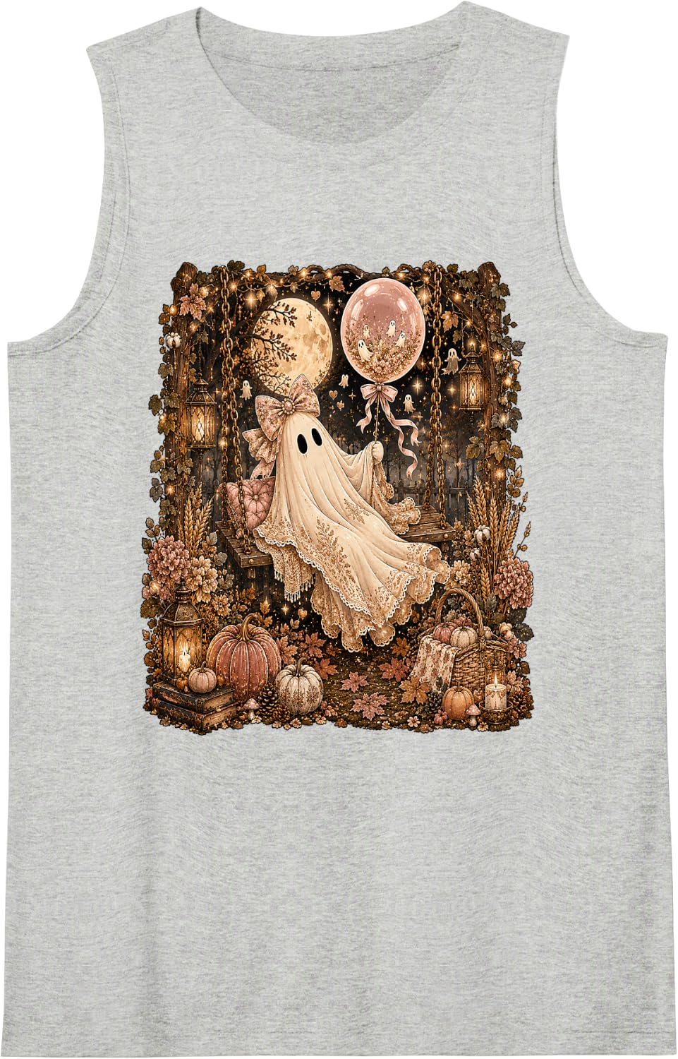 Coquette Pumpkin Fall Pink Bow Spooky Season Ghost Halloween Tank Top - Heather Grey