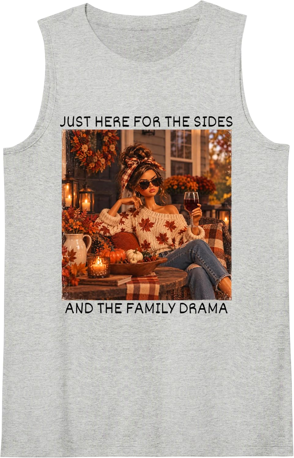 Just Here for The Sides and The Family Drama Thanksgiving Sleeveless Tank Top - Heather Grey