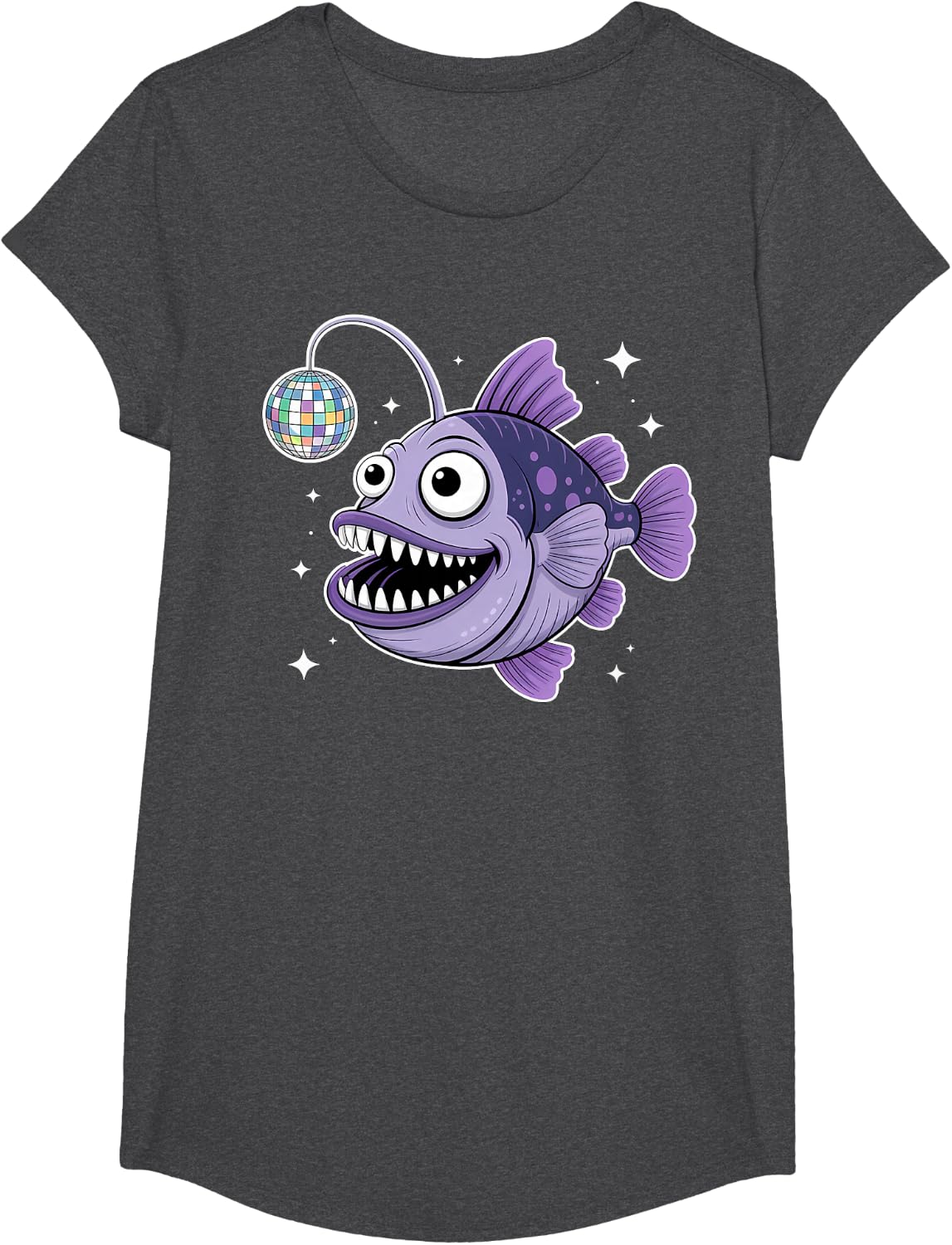 Disco Anglerfish with Mirrored Ball Tee Retro Ocean T Shirt for Men and Women - Girls Dark Heather Grey