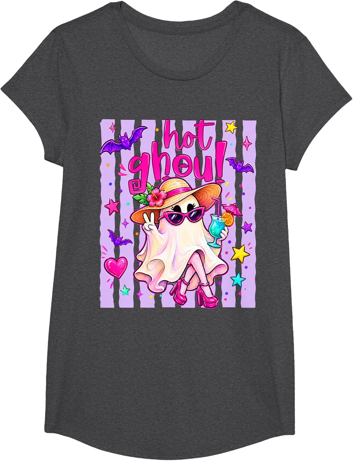 Hot Ghoul Striped Funny Ghost Girly Halloween Girl Women T-Shirt - Girls Dark Heather Grey