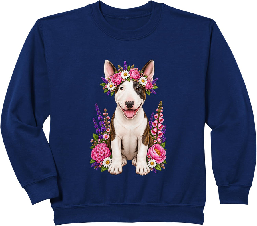 Bull Terrier Cute Floral Puppy Crown Flowers Adorable Dog Sweatshirt - Navy Blue