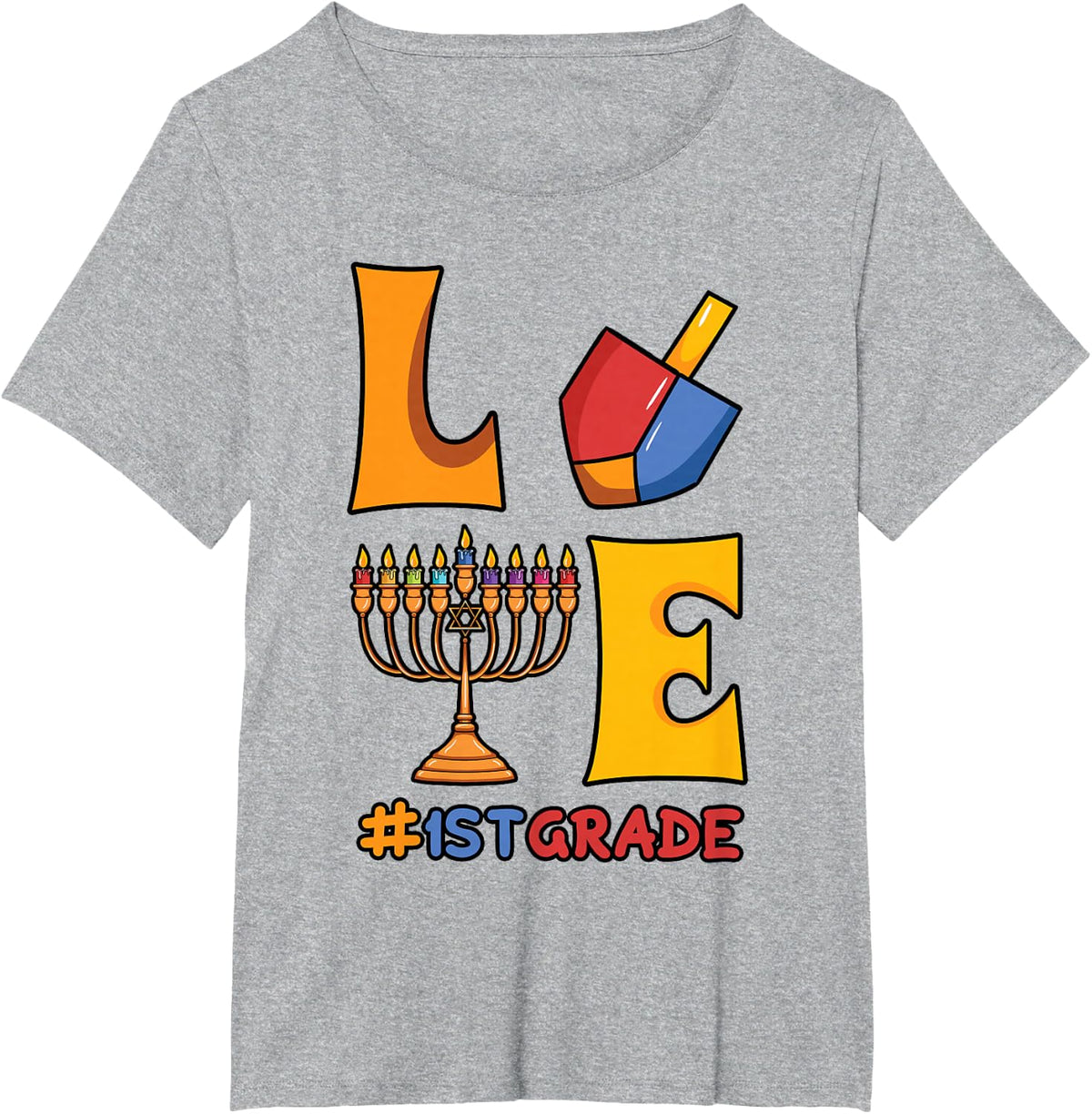 Love # 1st Grade Teacher Hanukkah Candelabrum Dedication T-Shirt - Heather Grey