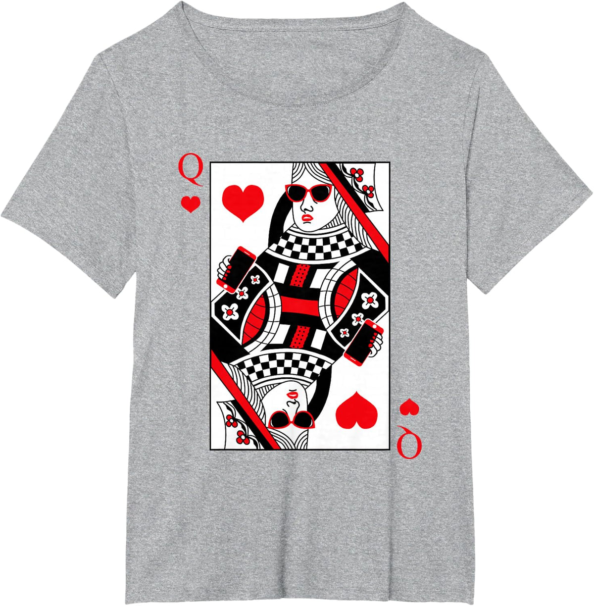 Modern Cool Queen Of Hearts Card Red Sunglasses Graphic T-Shirt - Heather Grey