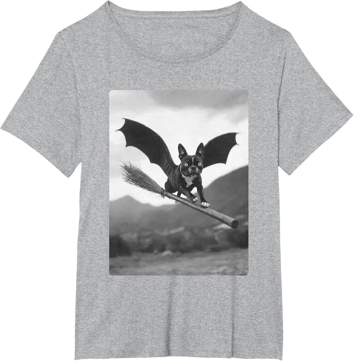 Boston Terrier Witch Broom Bat Wings Spooky Halloween Dog T-Shirt - Heather Grey