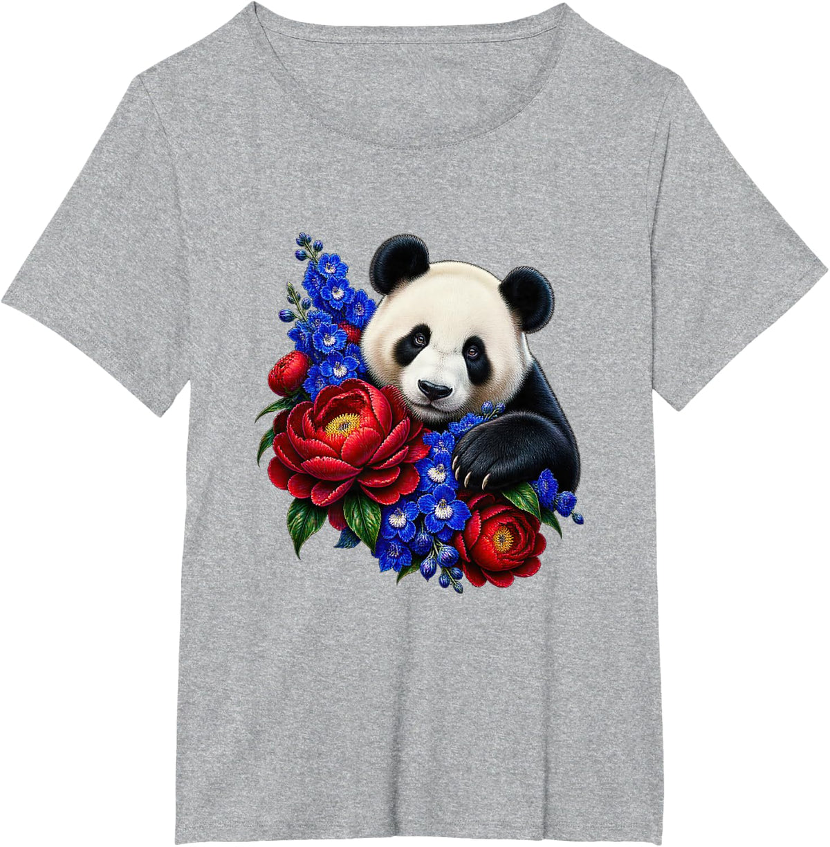 Panda Bear with Crimson Peonies and Cobalt Delphiniums T-Shirt - Heather Grey