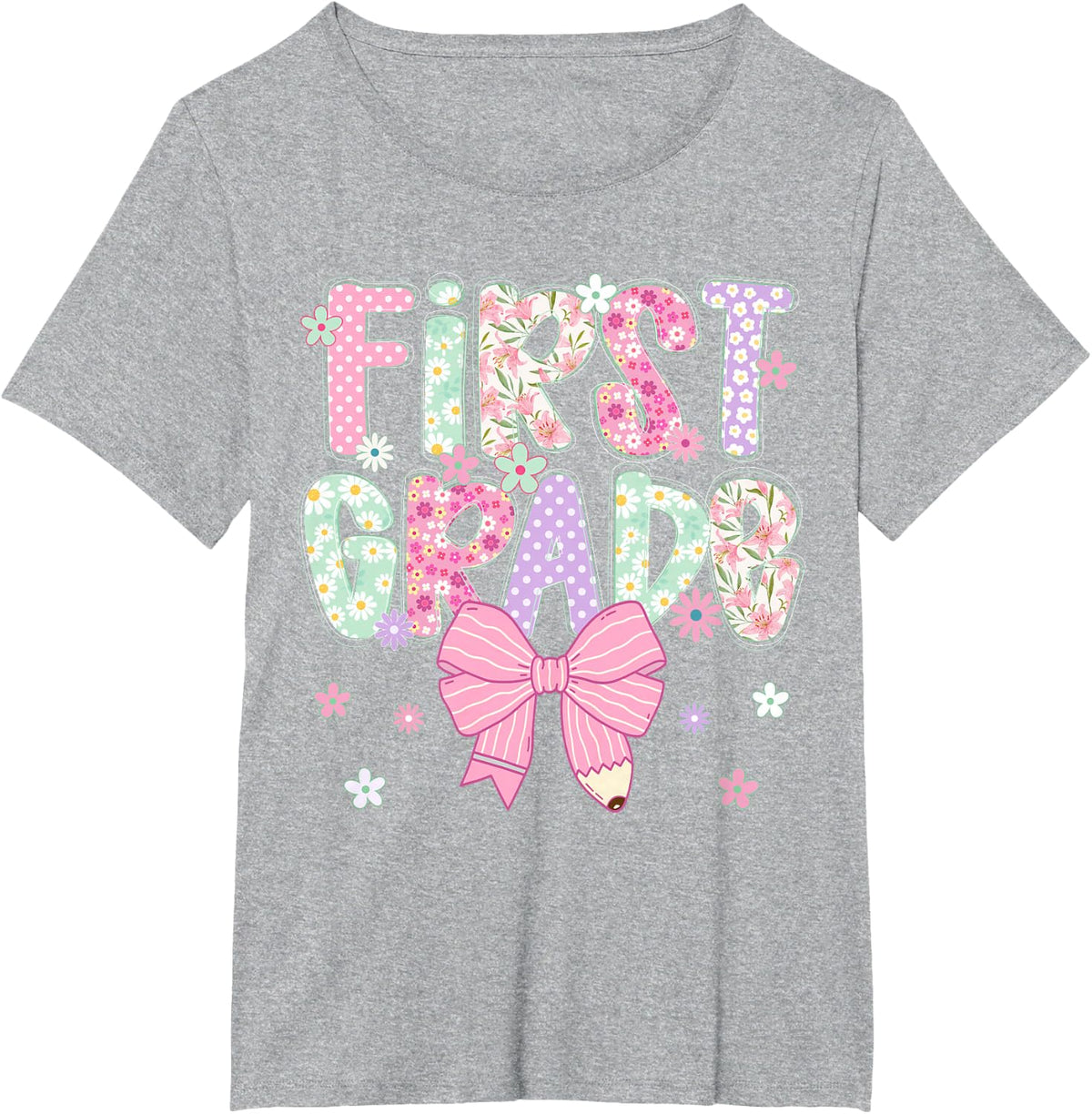 First 1st Grade Teacher Girls Back to School Coquette Bow T-Shirt - Heather Grey