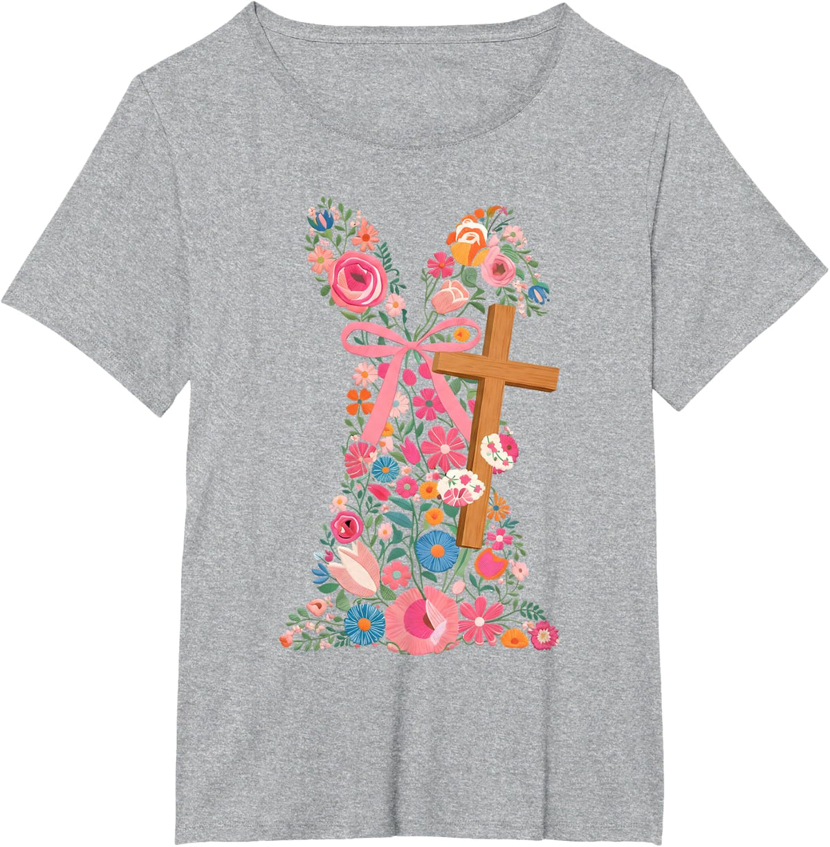Floral Cross Easter Christian Faith Design T-Shirt - Heather Grey