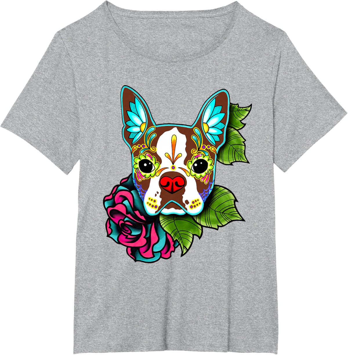 Boston Terrier in Red - Day of the Dead Sugar Skull Dog T-Shirt - Heather Grey