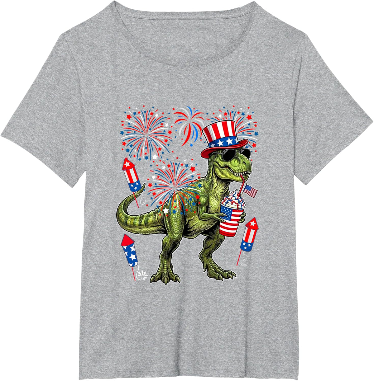 T-Rex Sunglasses Coffeee 4th of July US Flag Fireworks T-Shirt - Heather Grey