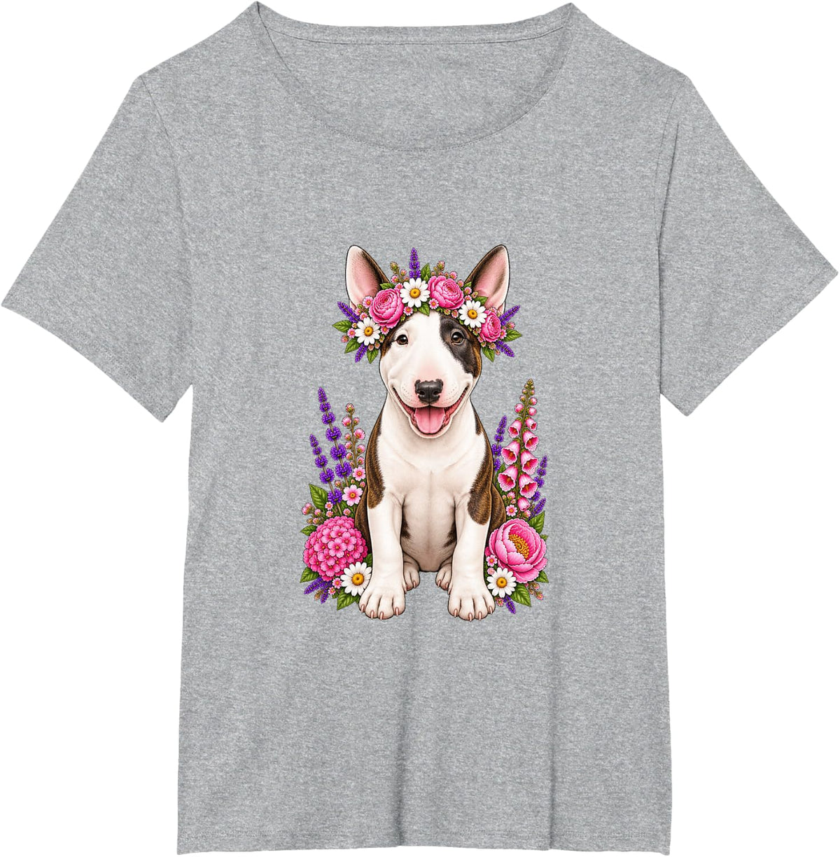 Bull Terrier Cute Floral Puppy Crown Flowers Adorable Dog T-Shirt - Heather Grey