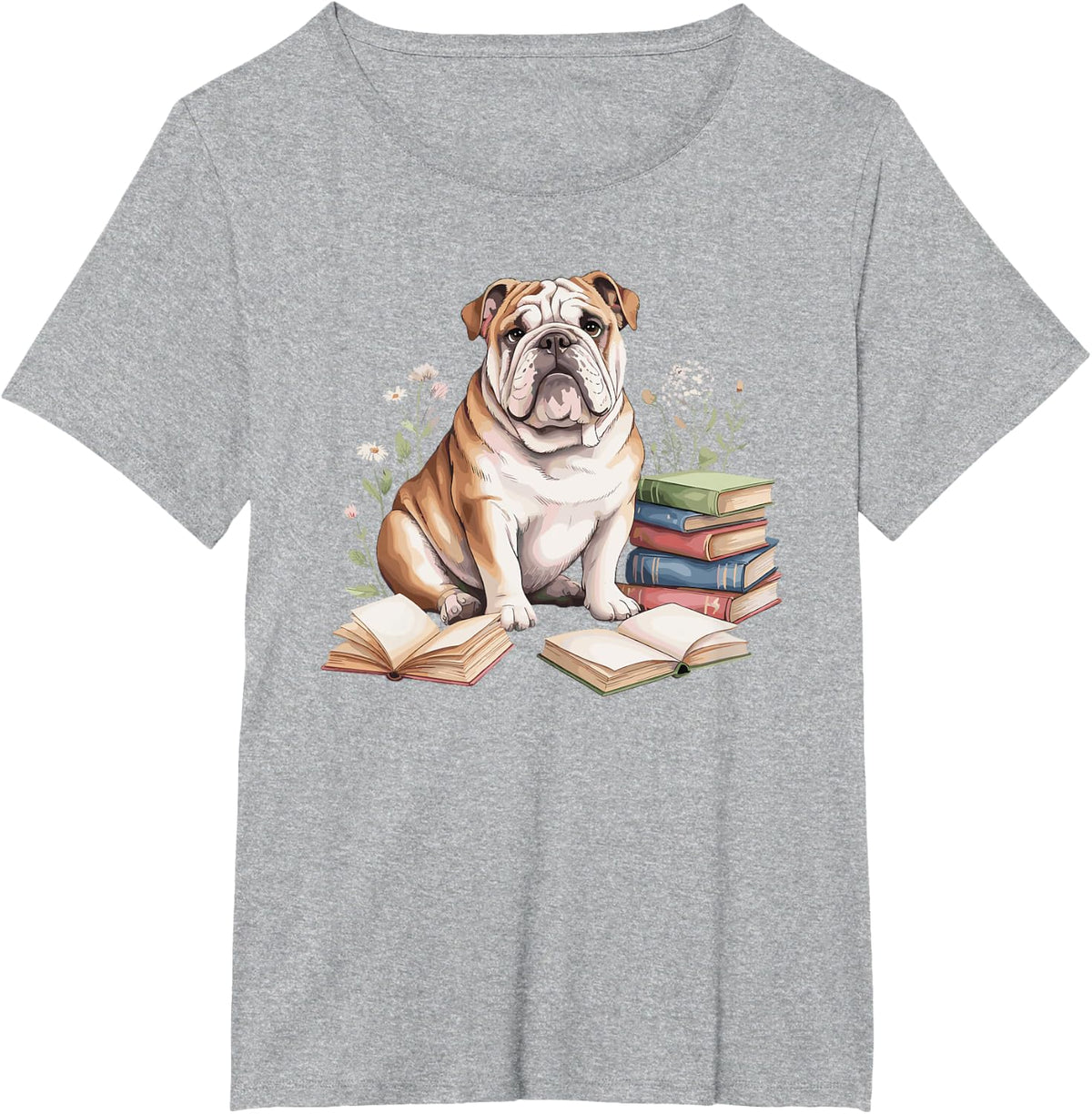 Bulldog Bully Bulldogs Bookworm Flowers Book Reading Books T-Shirt - Heather Grey