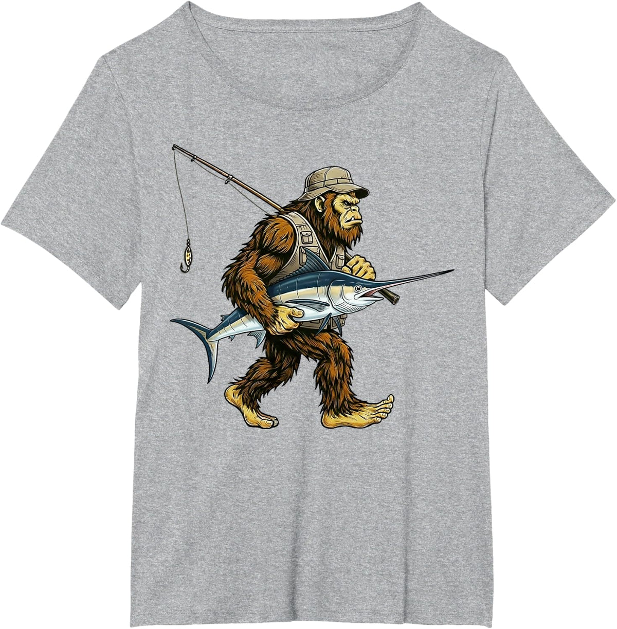 Swordfish Bigfoot Fisherman Saltwater Fishing Sasquatch T-Shirt - Heather Grey