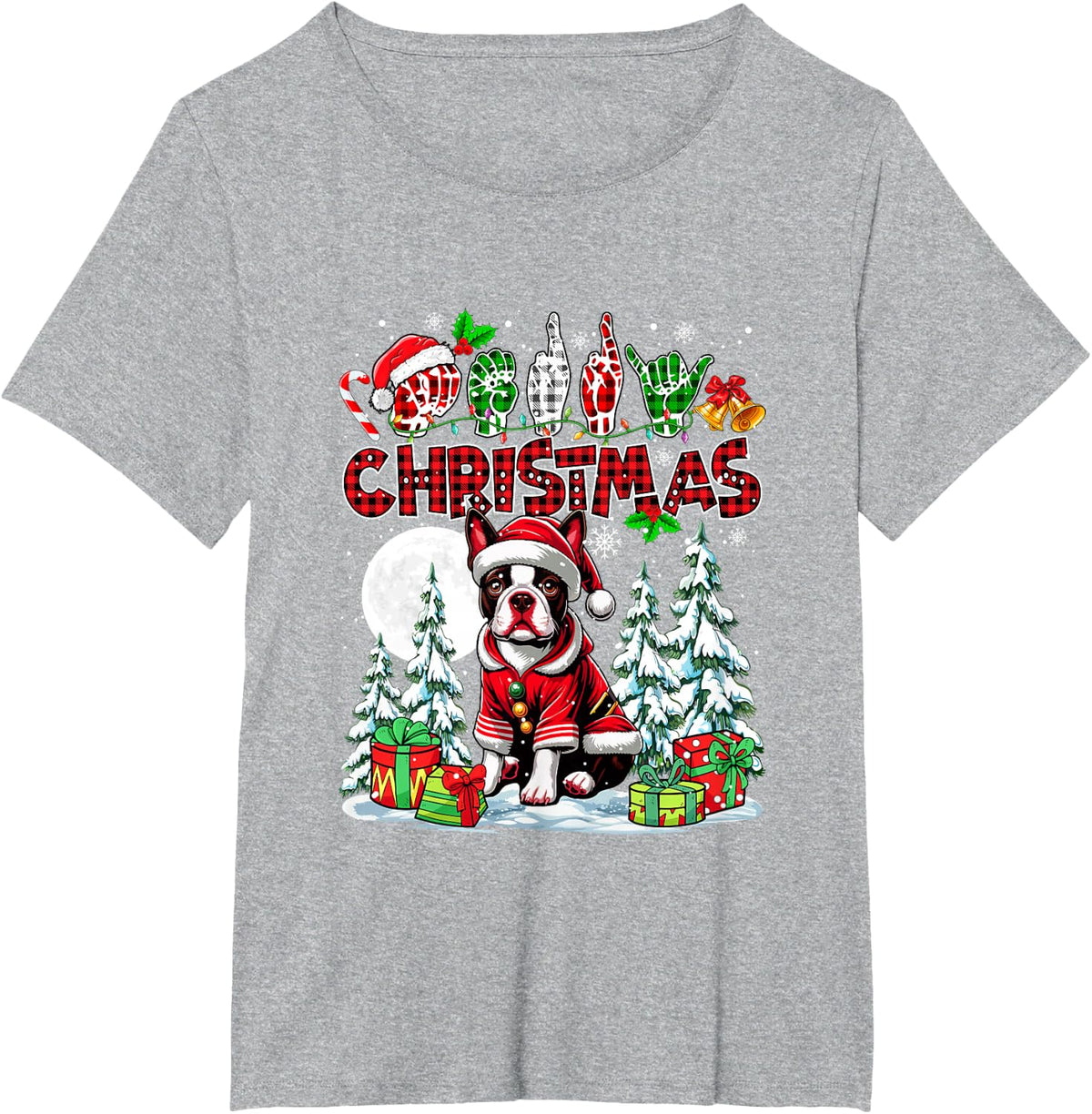 Merry Christmas Hands Sign Language Santa Boston Terrier T-Shirt - Heather Grey