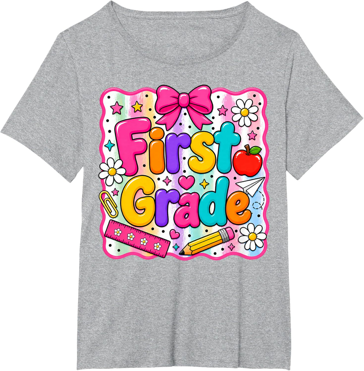 First Grade Teacher Shirt for Women Coquette 1st Grade Tees T Shirts Girls Back to School - Heather Grey