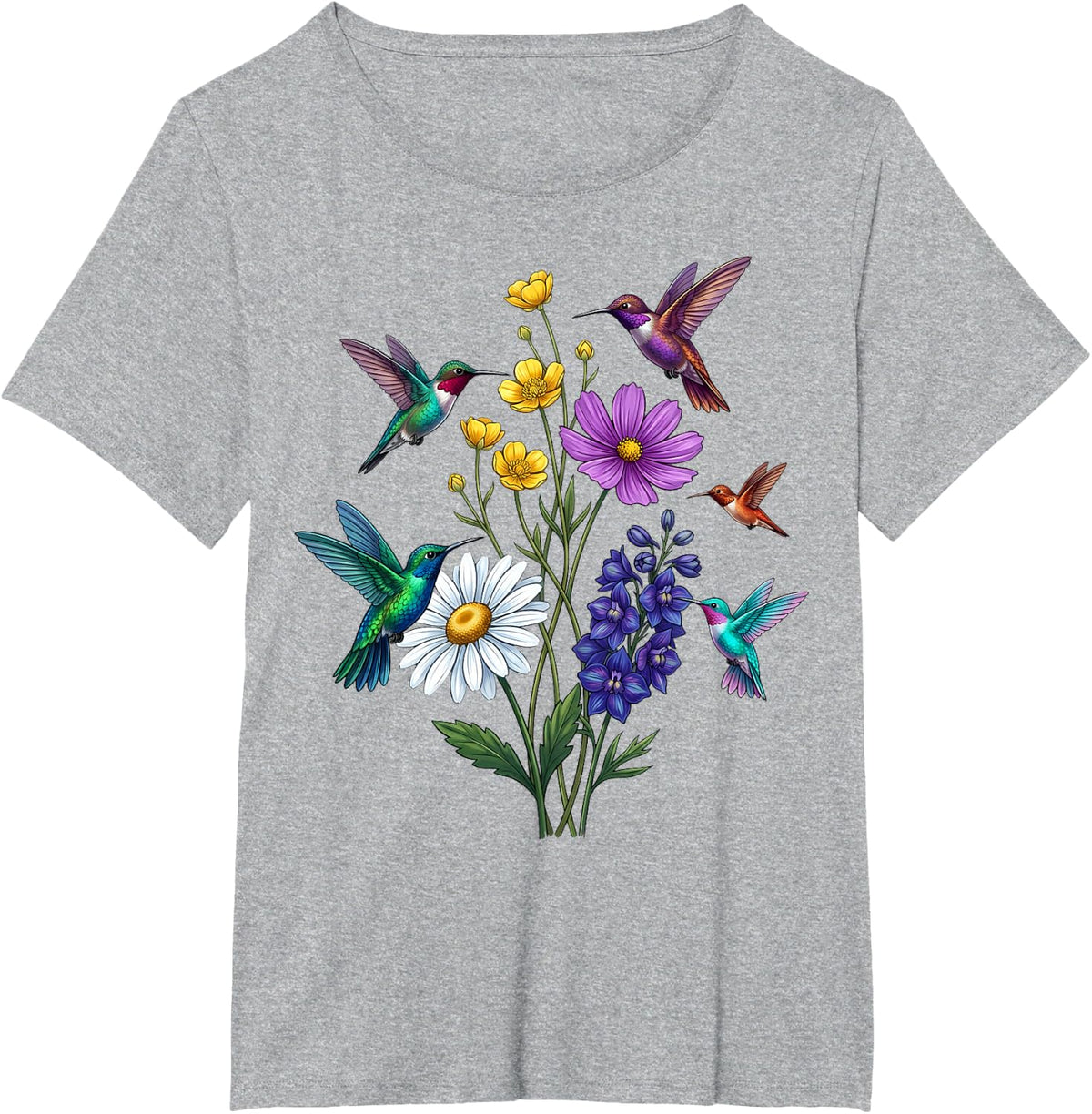 Vibrant Hummingbirds and Wildflowers Botanical T-Shirt - Heather Grey