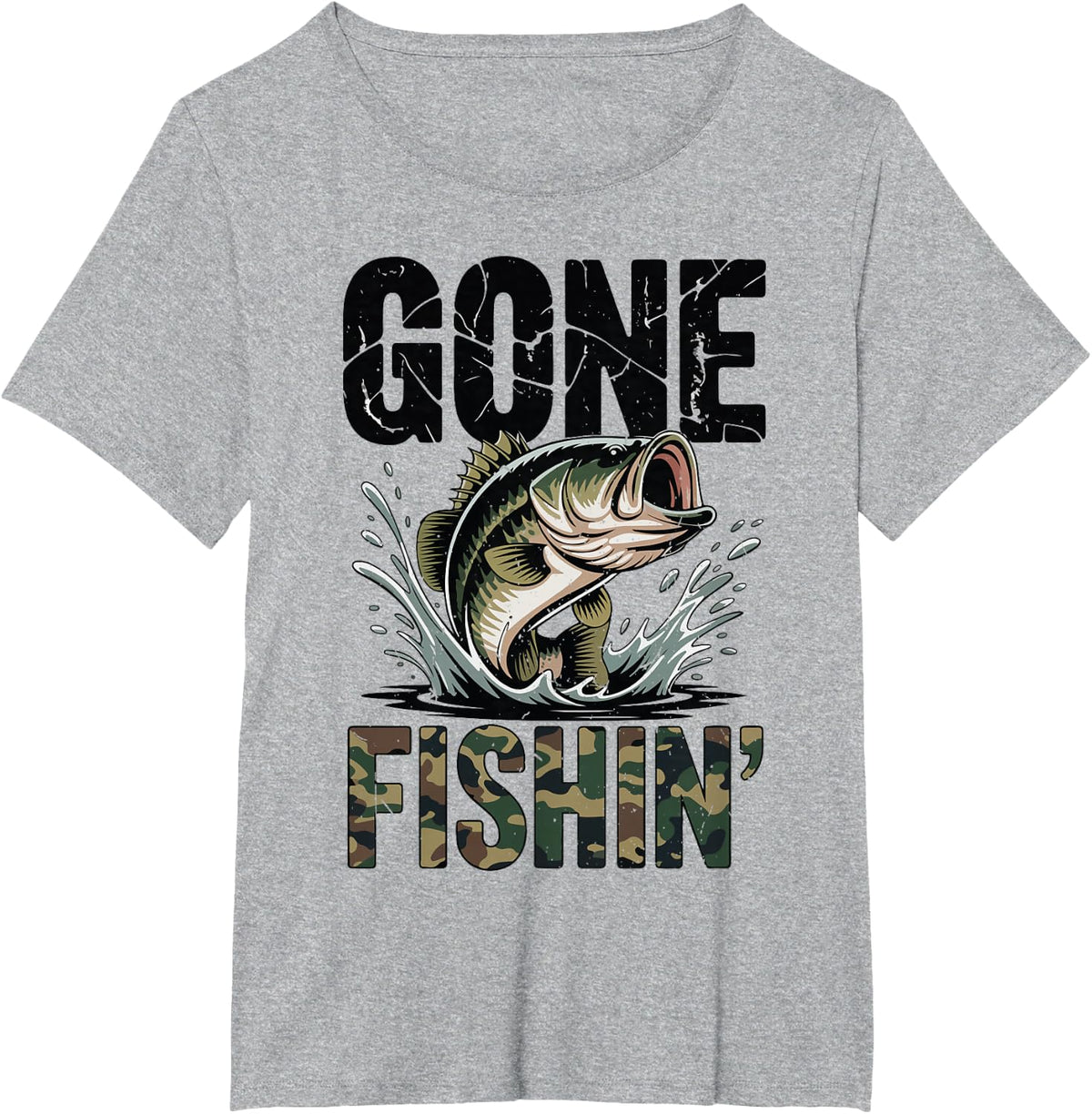 Youth Camo Gone Fishing T Shirt Bass Fishing Camouflage Mens T-Shirt - Heather Grey
