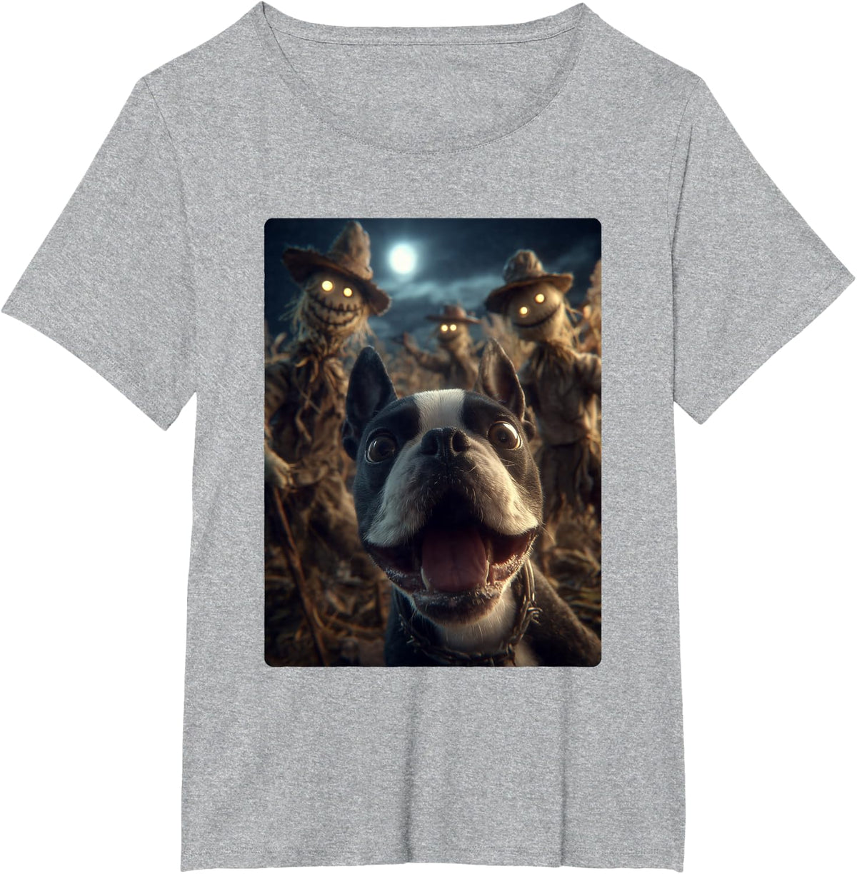 Boston Terrier Selfie with Scarecrows Spooky Halloween Dog T-Shirt - Heather Grey