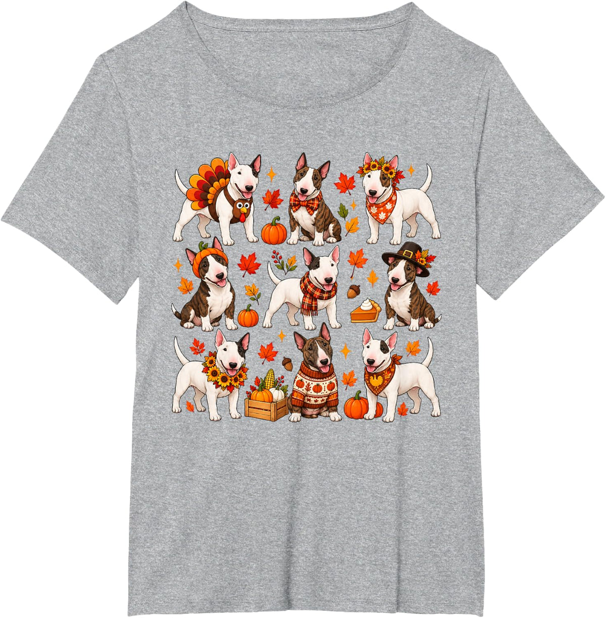 Cute Bull Terrier Dog Turkey Thanksgiving Fall Autumn T-Shirt - Heather Grey