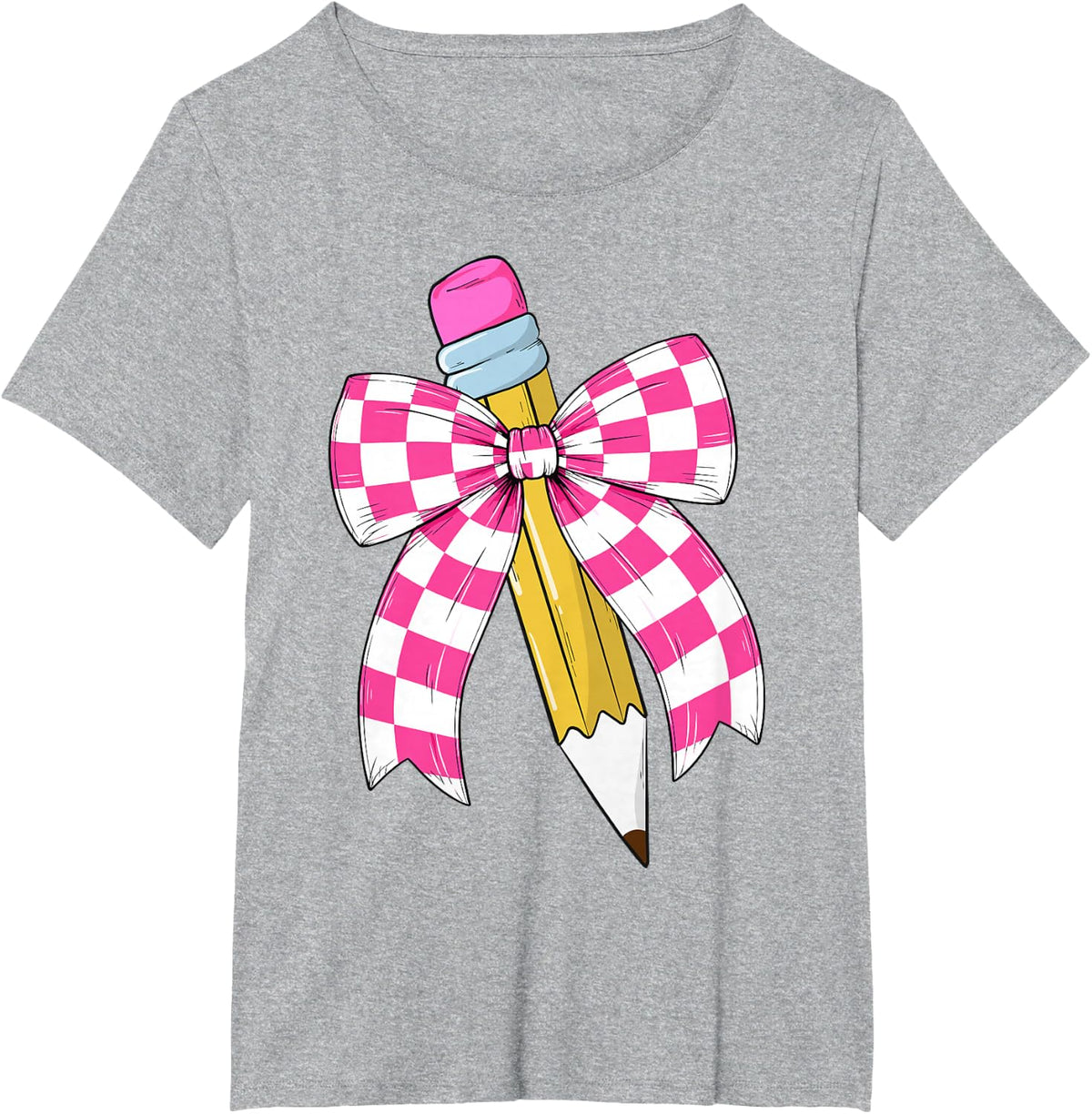 Back to School Teacher Shirts for Women Girls Checkered Pencil Coquette Bow Tees T Shirts - Heather Grey