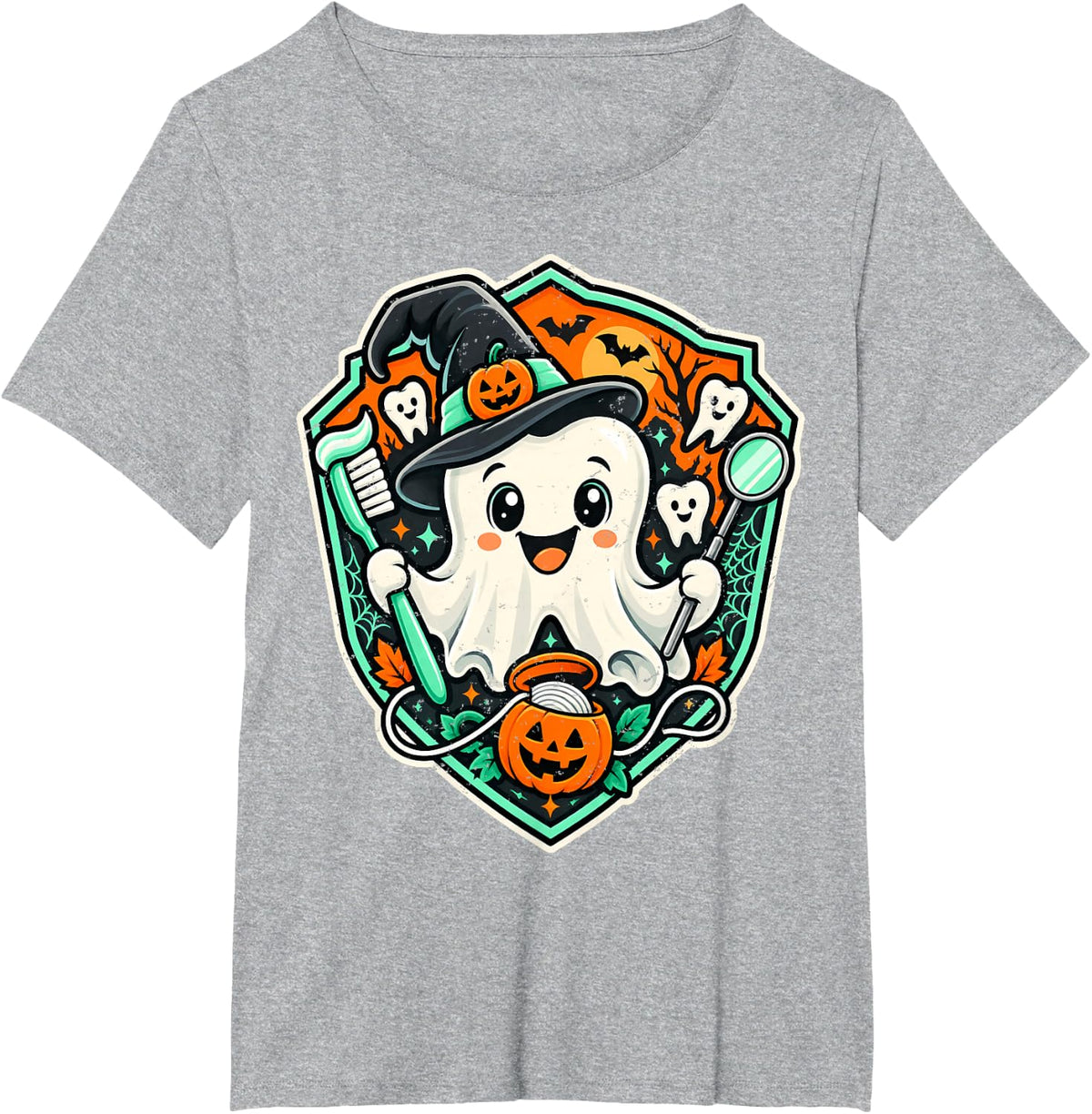 Cute Halloween Ghost Dentist Spooky Dental Squad T-Shirt - Heather Grey