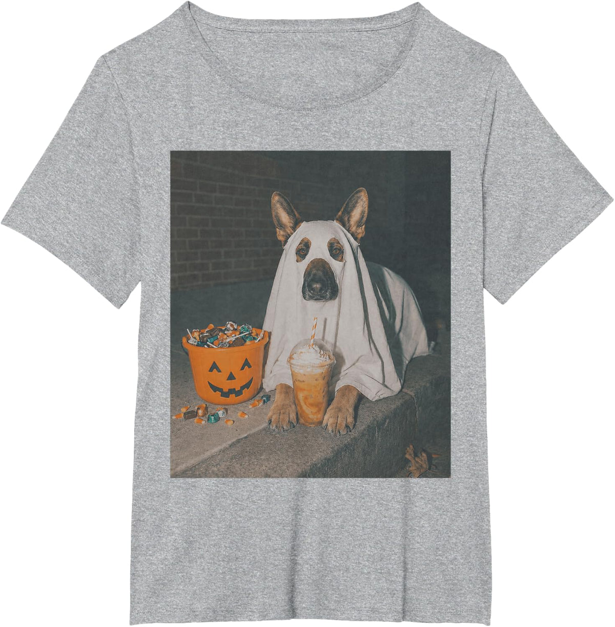 German Shepherd Dog Drinking Iced Coffee Funny Halloween Dog T-Shirt - Heather Grey