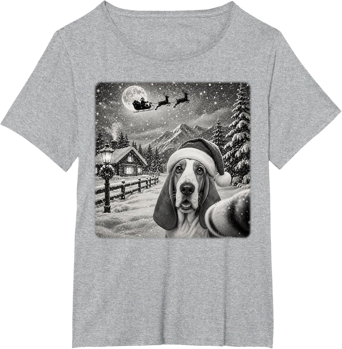 Xmas Moon Night Santa Sleigh Basset Hound Dog Christmas T-Shirt - Heather Grey