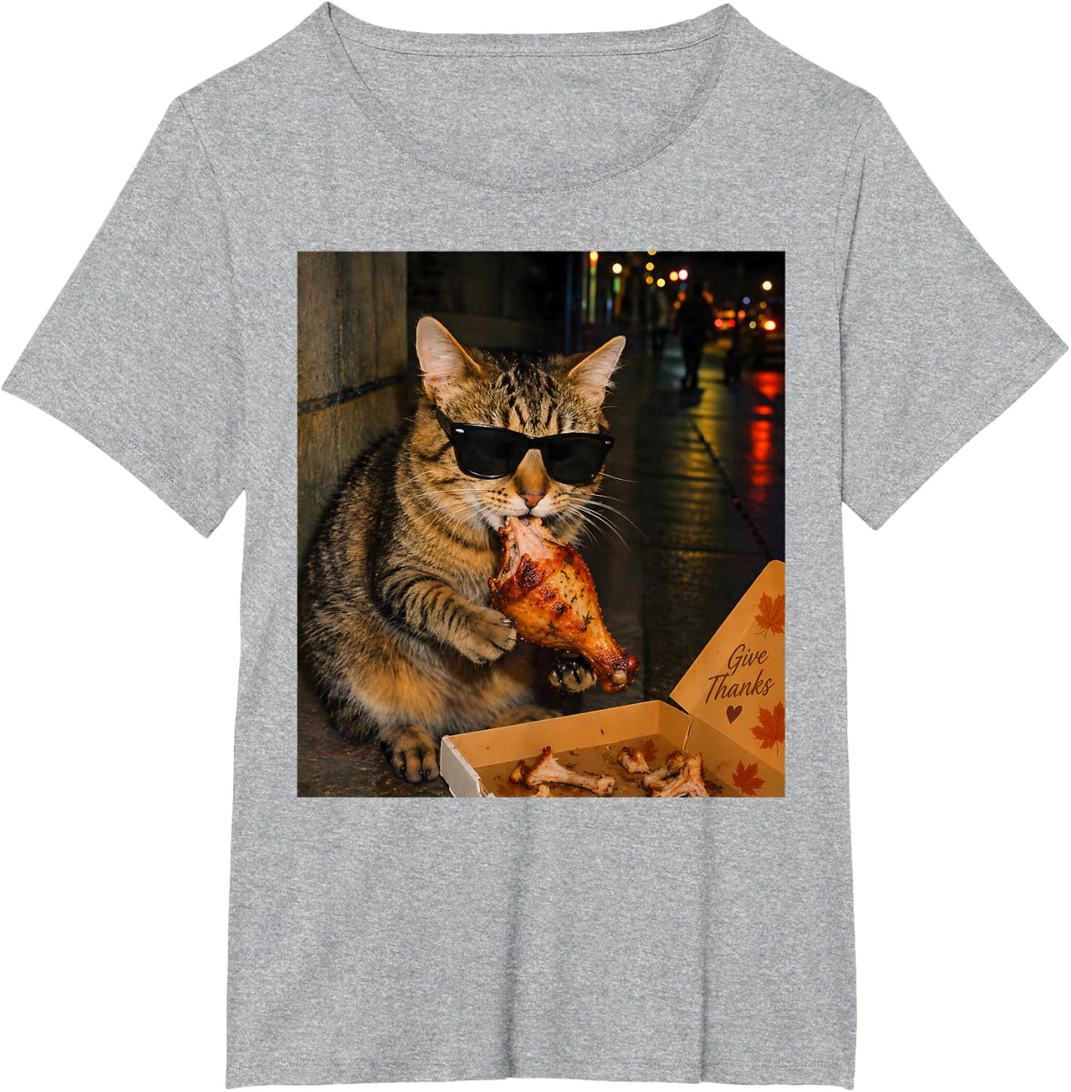 Give Thanksgiving Cool Cat Eating Turkey Leg Fall Funny T-Shirt - Heather Grey