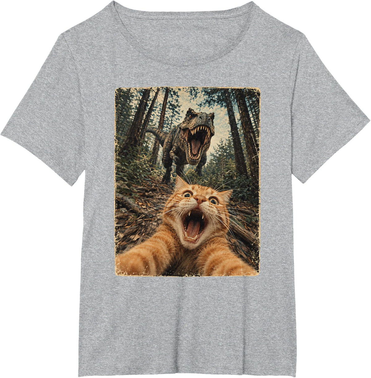 Funny Orange Cat Selfie T Rex Dinosaur Chase Humor Meme T-Shirt - Heather Grey