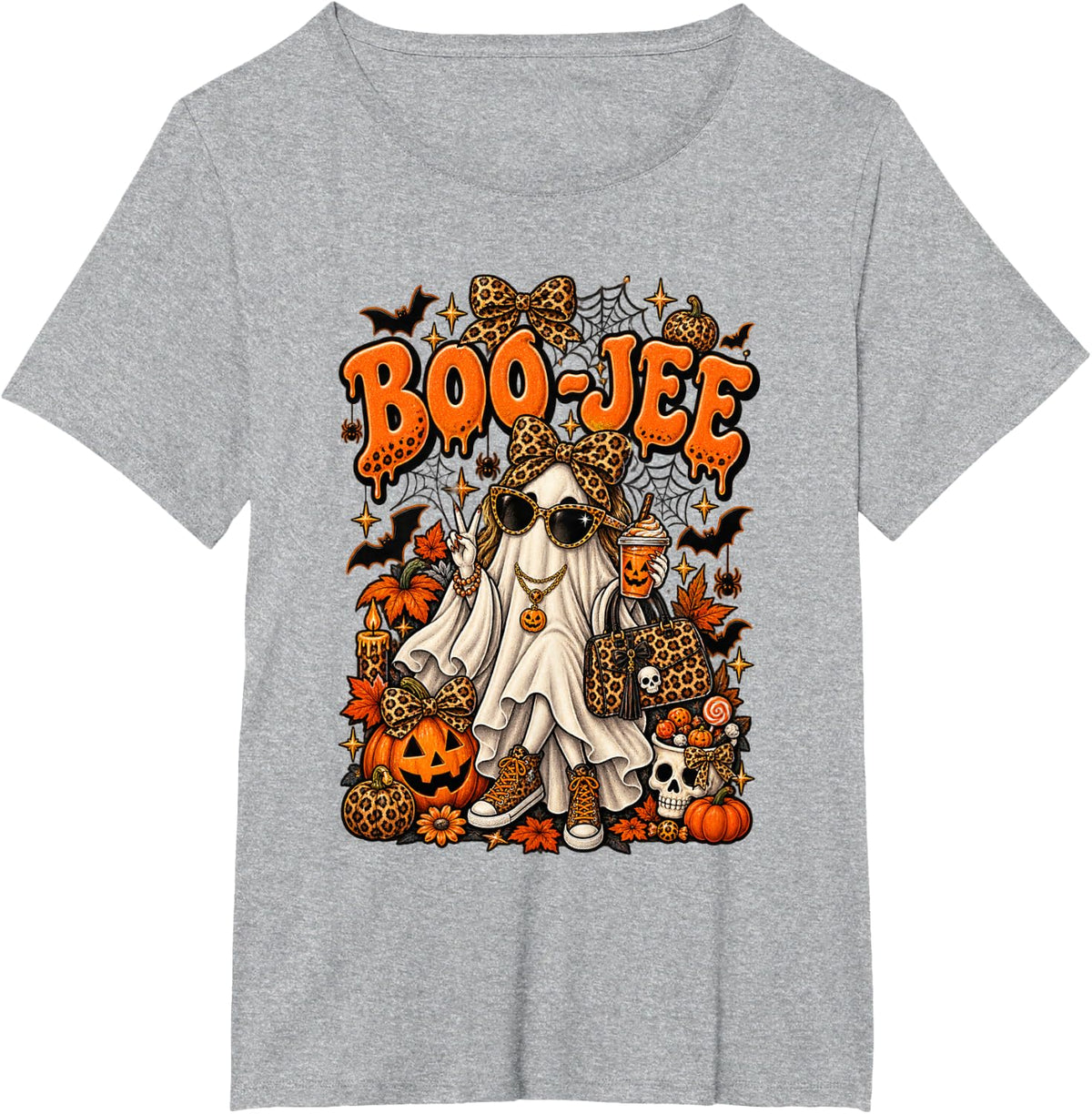 Cute Halloween Ghost Leopard Print Spooky Season T-Shirt - Heather Grey