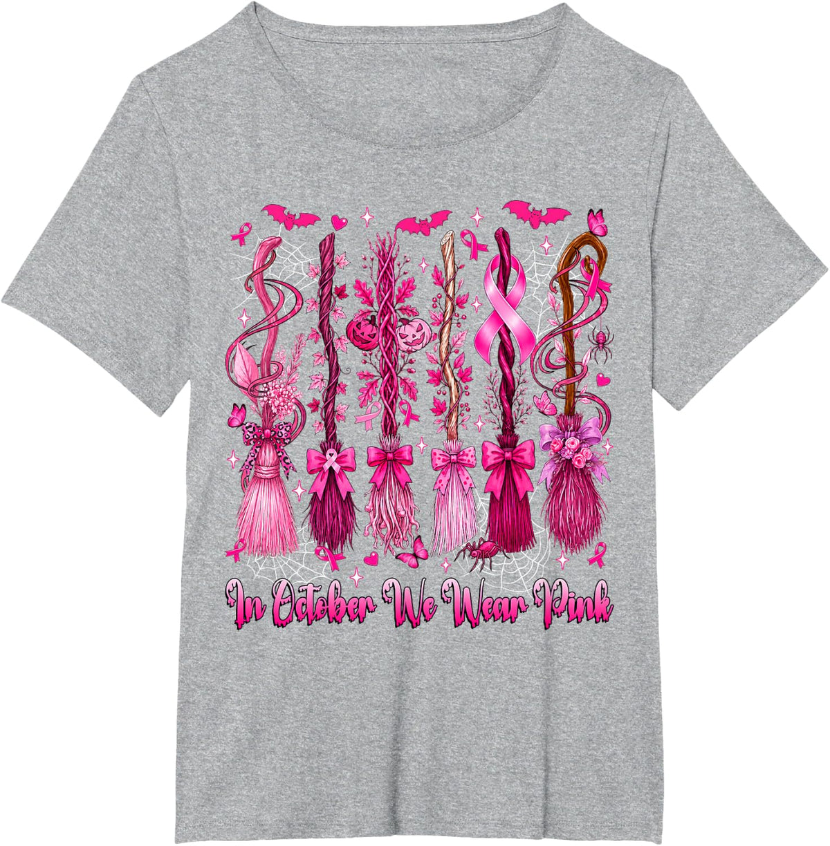 in October We Wear Pink Witches Brooms Spooky Breast Cancer T-Shirt - Heather Grey