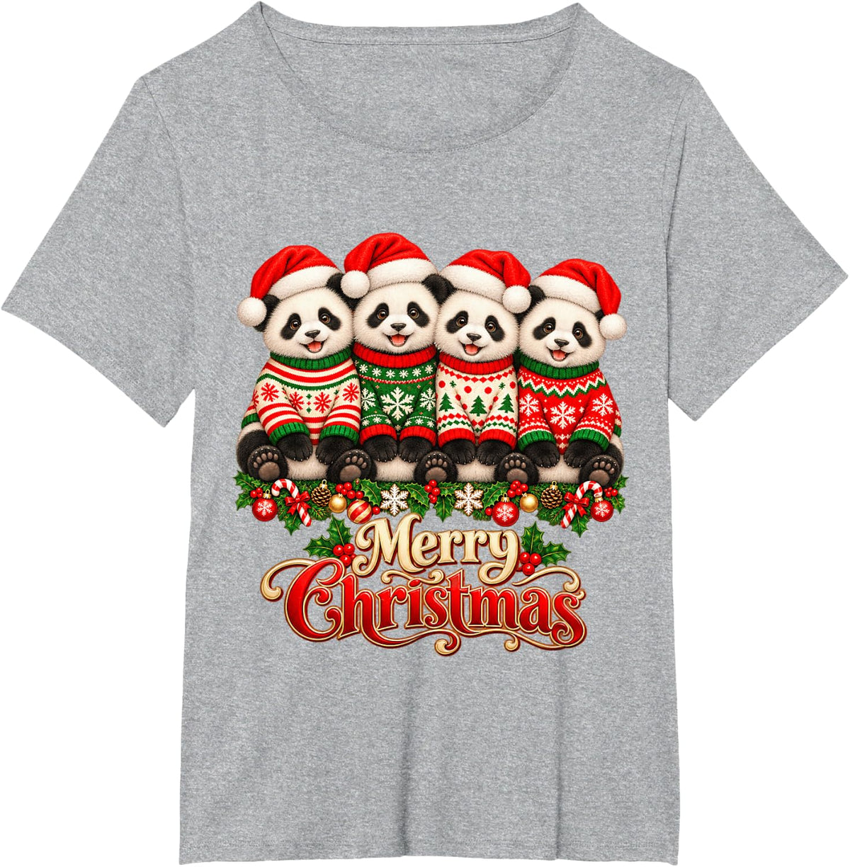 Merry Christmas Panda Santa Hat Holiday Animal Lover T-Shirt - Heather Grey