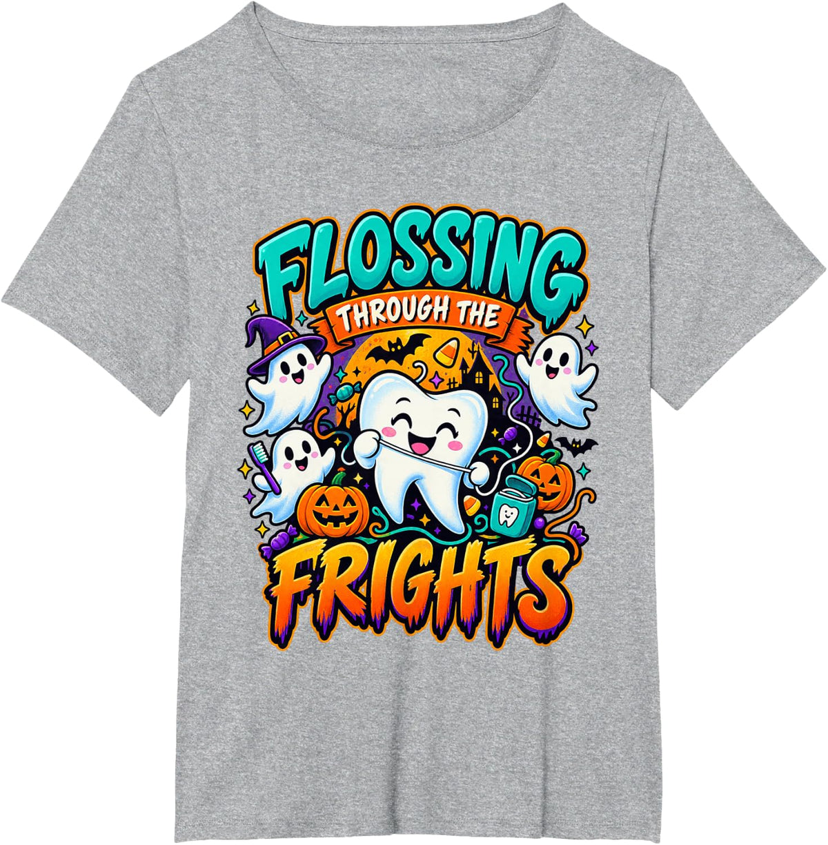 Flossing Through The Frights Halloween Dental T-Shirt - Heather Grey