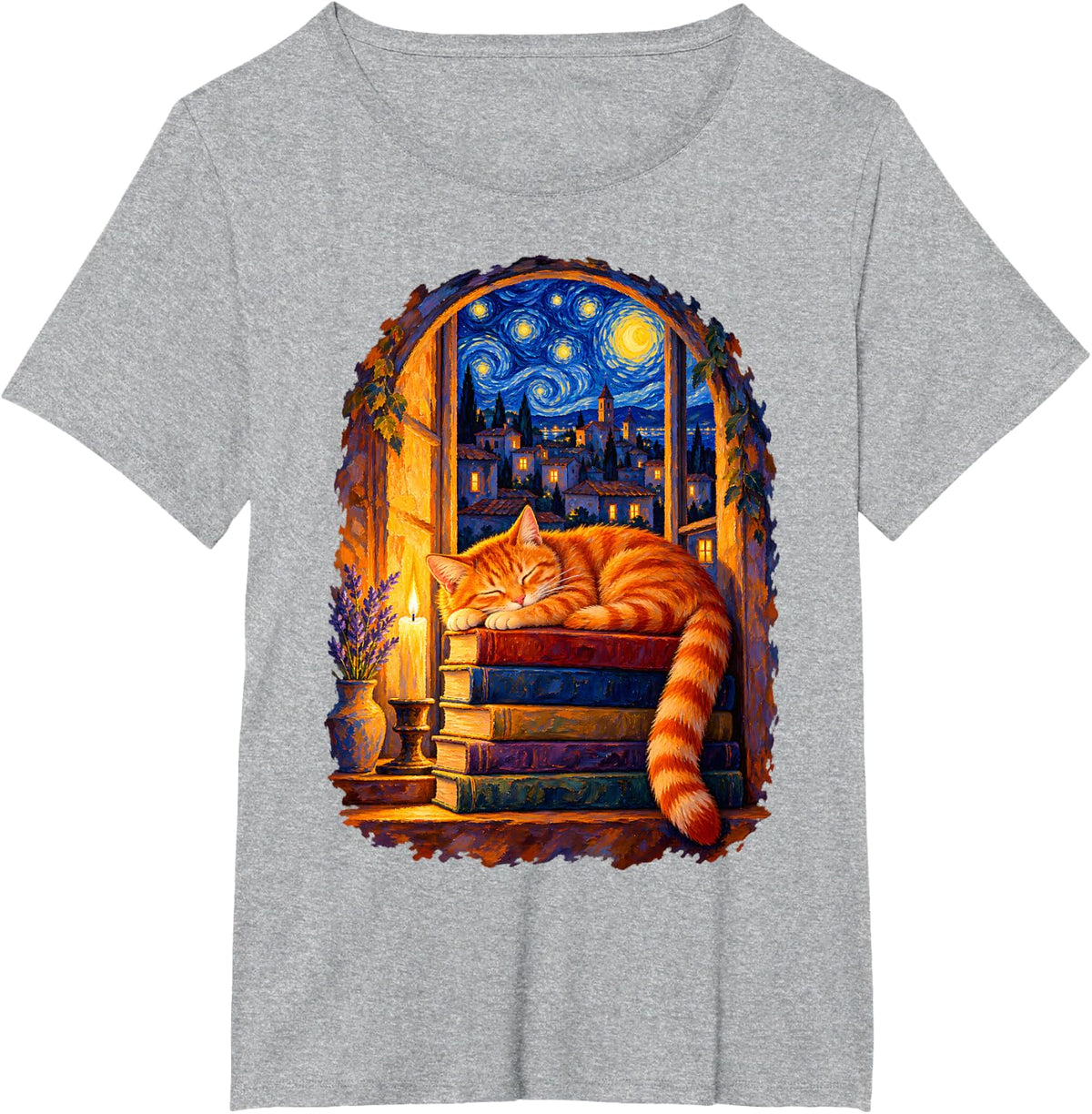 Cozy Sleeping Tabby Cat Books Van Gogh Inspired Starry Night T-Shirt - Heather Grey
