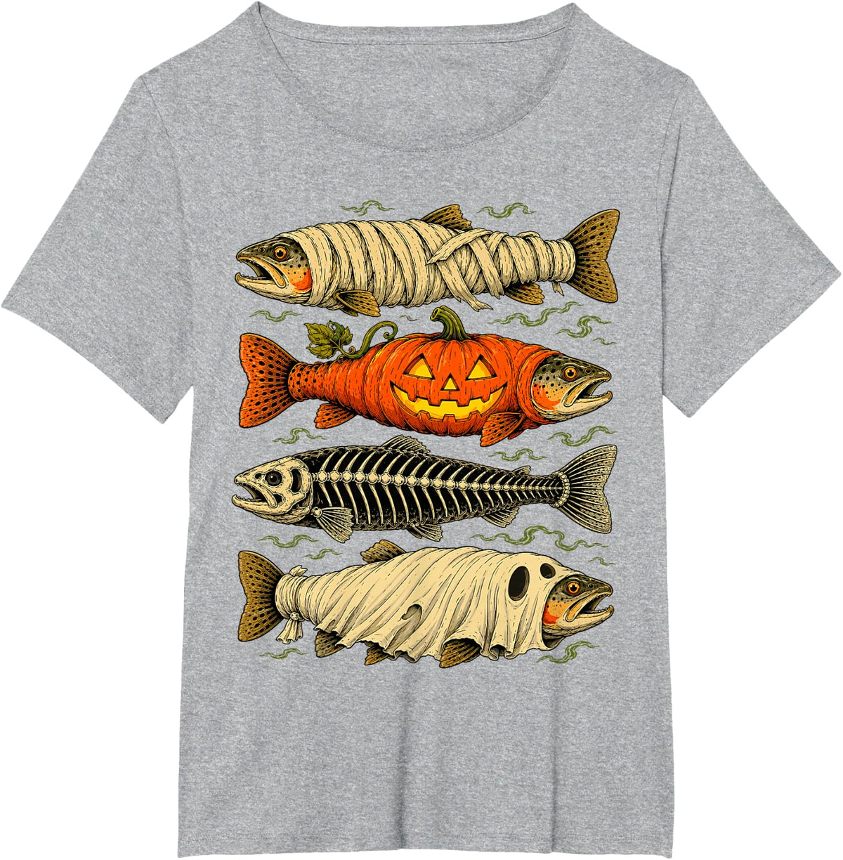 Halloween Trout Fish Ghost Pumpkin Skeleton Mummy Fisher T-Shirt - Heather Grey