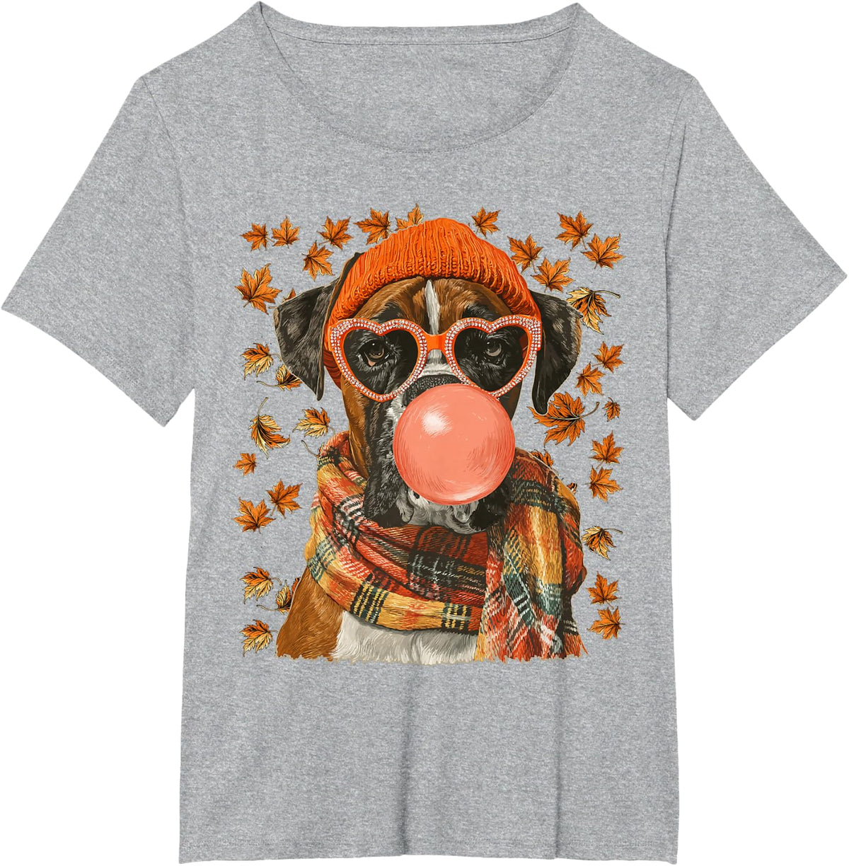 Fall Boxer with Sunglasses Autumn Leaves and Bubblegum T-Shirt - Heather Grey