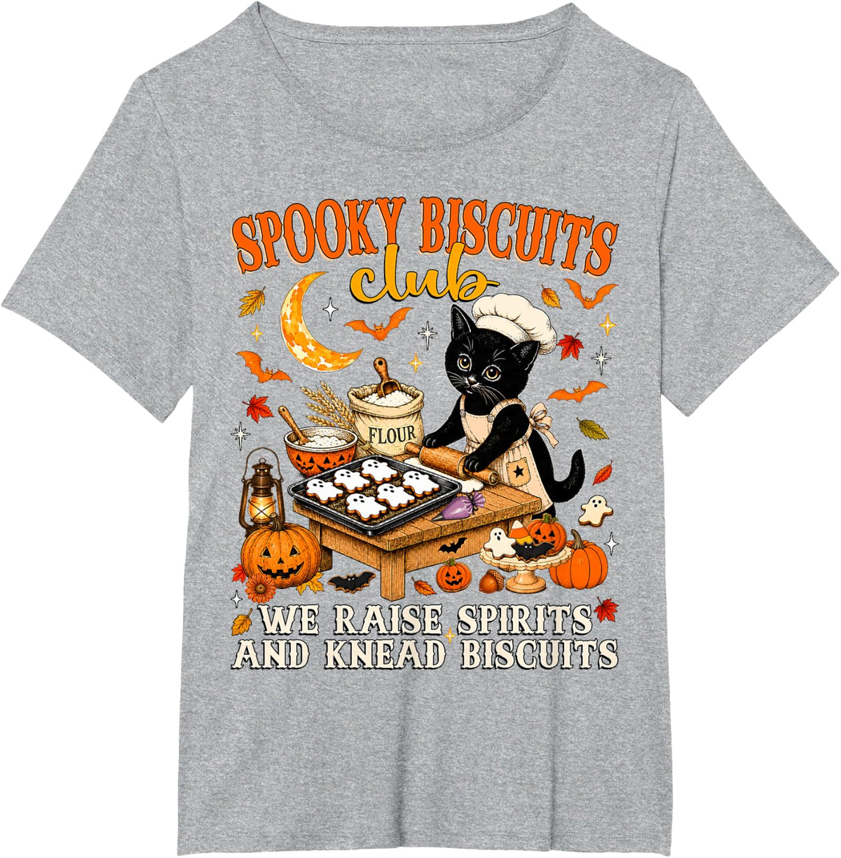 Spooky Biscuits Club Black Cat Halloween Baking Pumpkin Kid T-Shirt - Heather Grey