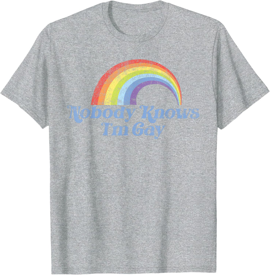 Retro Vintage LGBT Pride Rainbow Nobody Knows I'm Gay T-Shirt Tee - Heather Grey