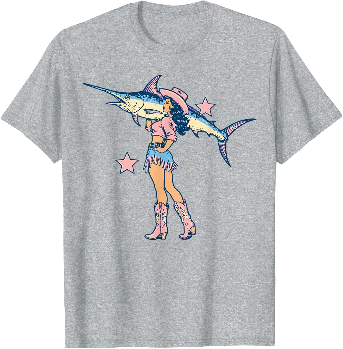 Marlin Cowgirl Western Fishing Coastal Fisherman Men Women T-Shirt - Heather Grey