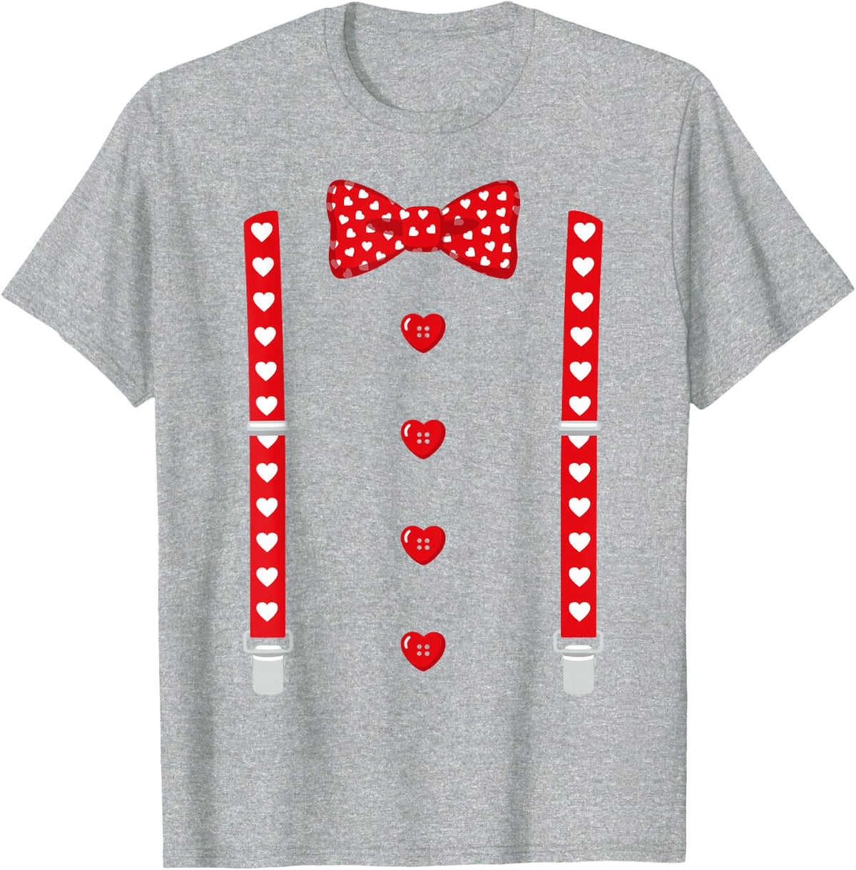 Red Hearts Bow Tie Suspenders Tuxedo Valentines Day Costume T-Shirt - Heather Grey