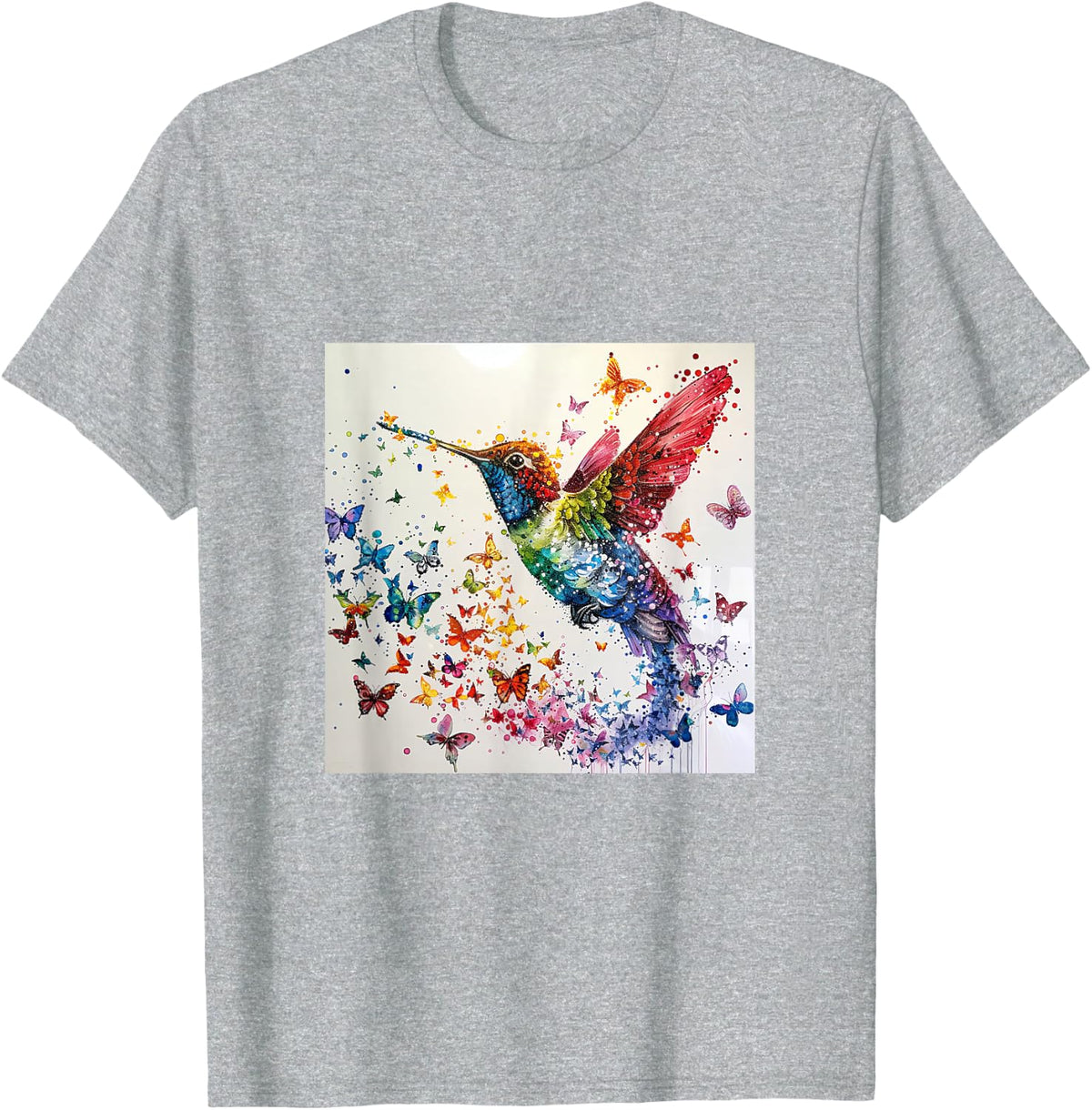 Hummingbird Watercolor with Butterflys T-Shirt - Heather Grey