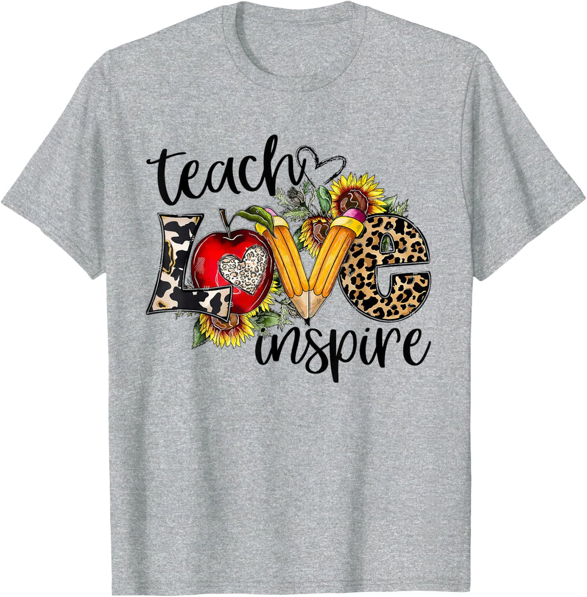 Teach Love Inspire Leopard Sunflower Teacher T-Shirt Tee Back to School Gift - Heather Grey