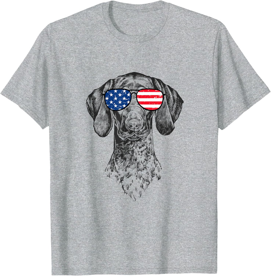 4th of July GSP Dog Patriotic USA Sunglasses American Flag Tee T-Shirt - Heather Grey