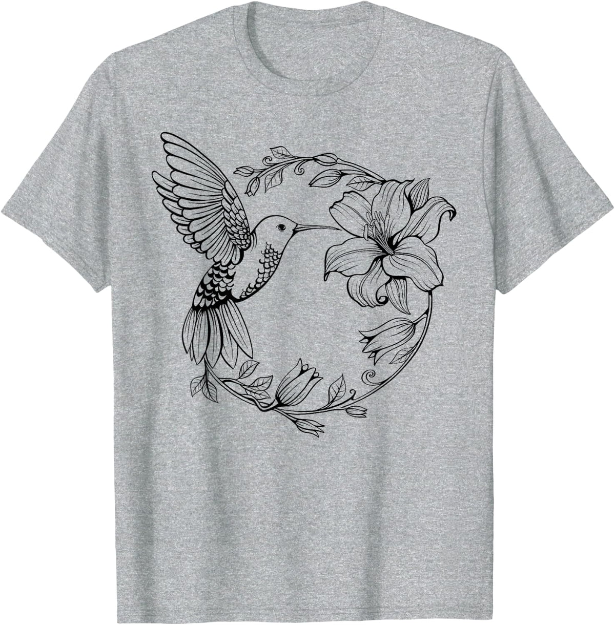 Hummingbird with Flowers T-Shirt Tee for Women Men Bird Lovers Floral Art - Heather Grey