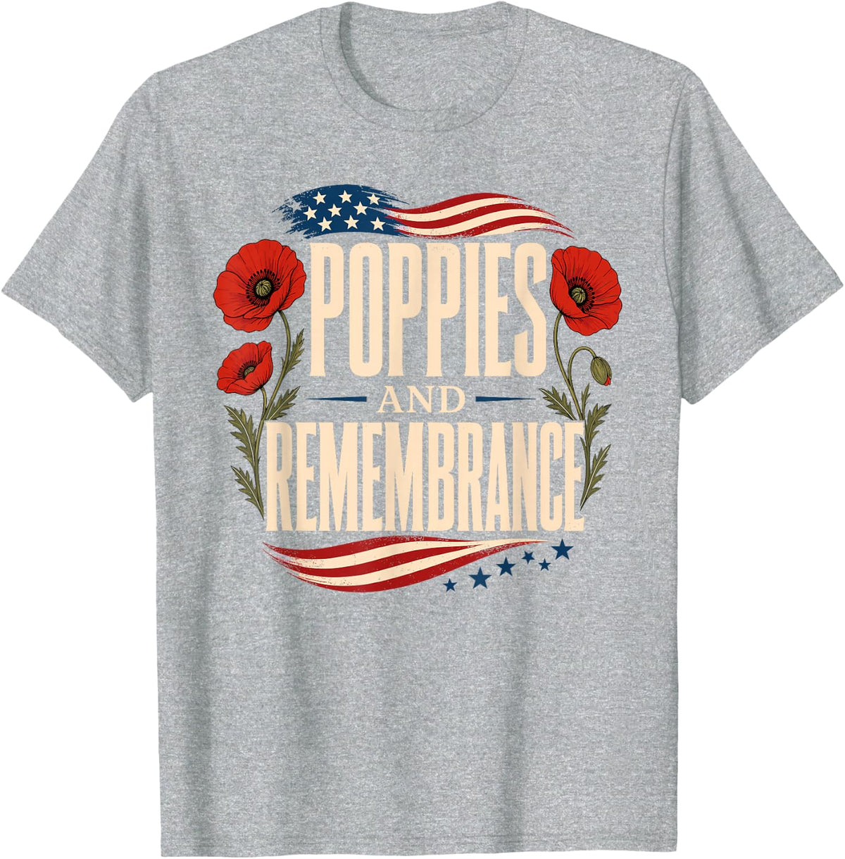 Poppies and Remembrance Flag Memorial Day T-Shirt - Heather Grey