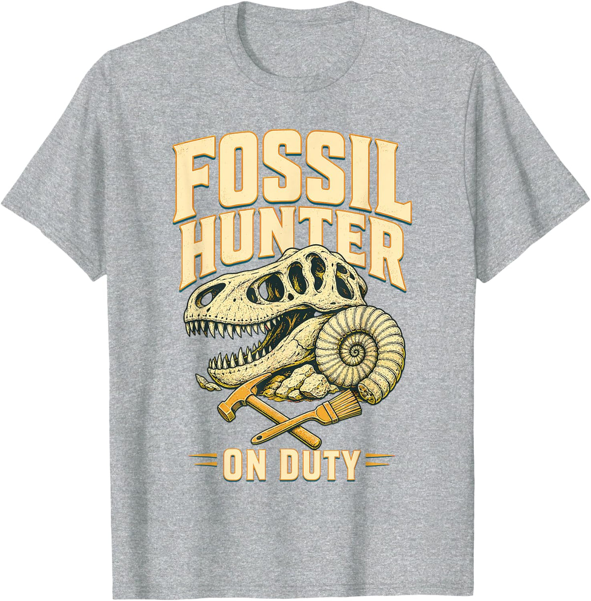 Fossil Hunter On Duty Dinosaur Skull Paleontology T-Shirt - Heather Grey