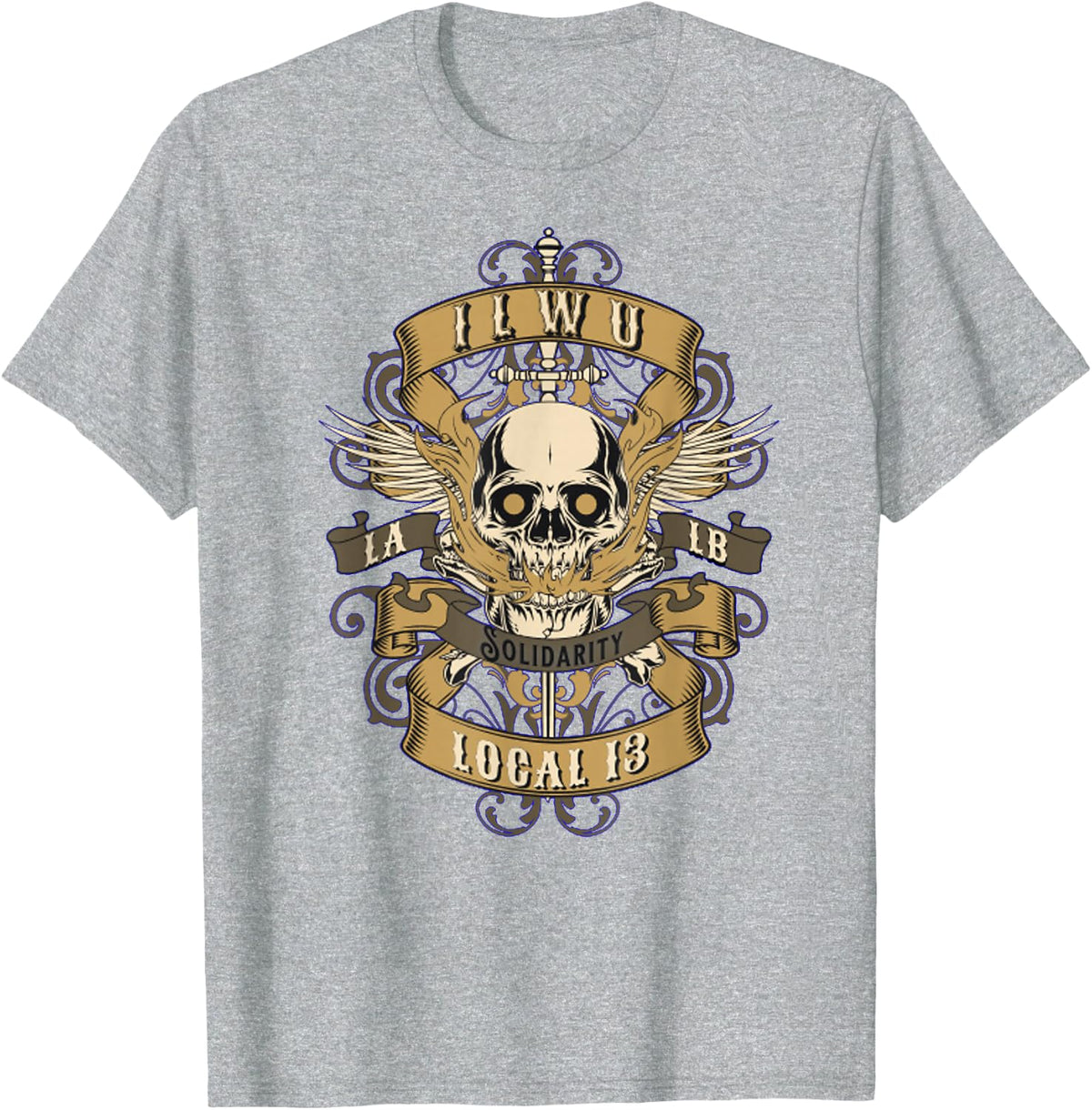 ILWU LOCAL 13 SOLIDARITY LA LB SKULL WINGS T-Shirt - Heather Grey