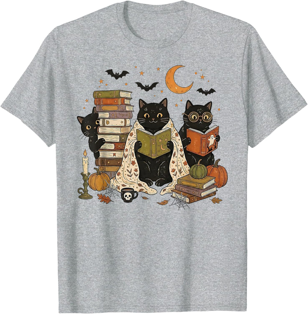 Cute Ghost Cat Reading Books Bookish Lover Halloween Spooky T-Shirt - Heather Grey