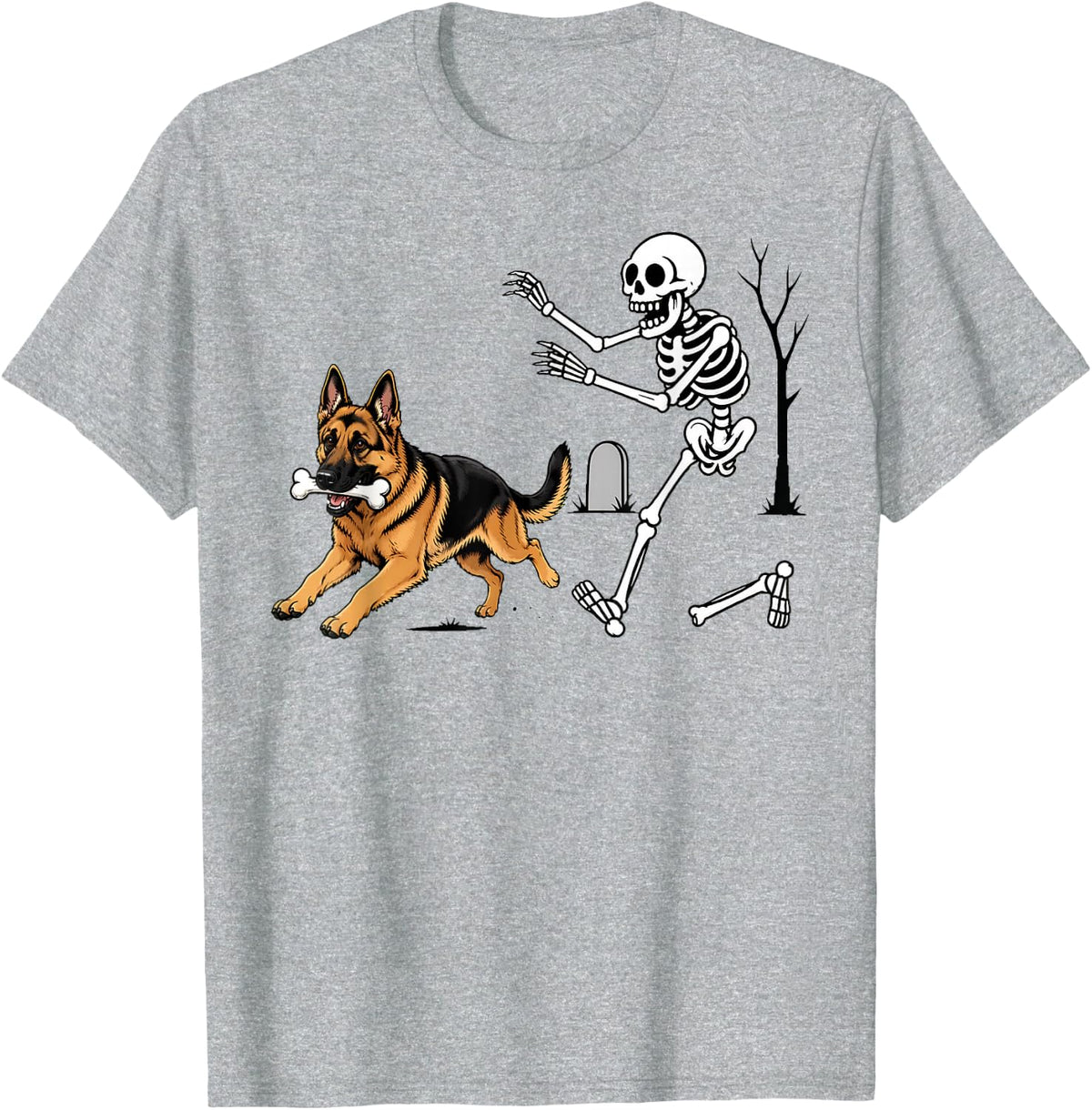 German Shepherd Dog Breeds Halloween Skeleton Chasing Funny T-Shirt - Heather Grey